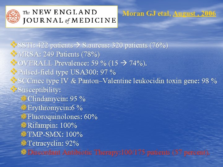 Moran GJ etal, August , 2006 v SSTI: 422 patients S. aureus: 320 patients