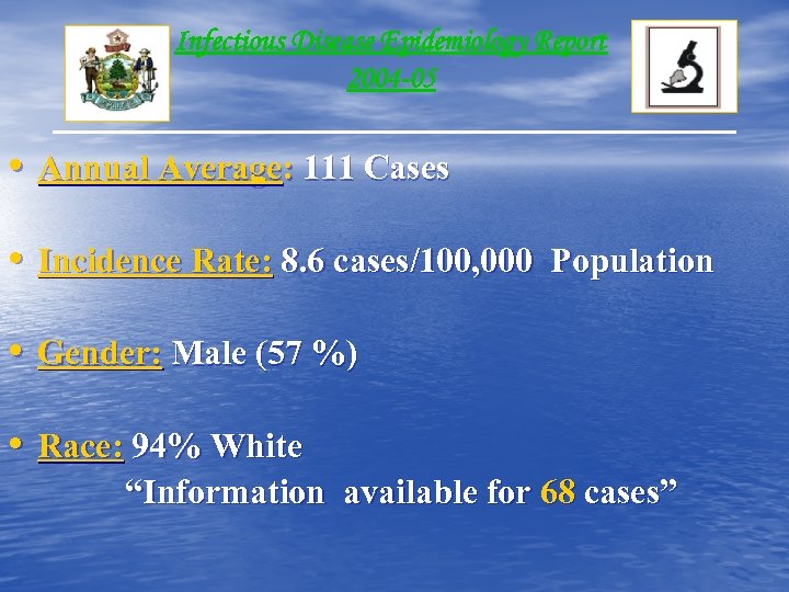 Infectious Disease Epidemiology Report 2004 -05 • Annual Average: 111 Cases • Incidence Rate: