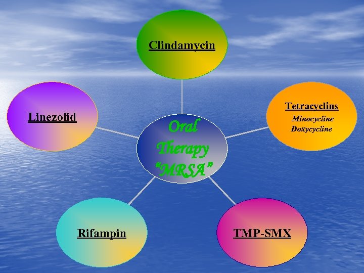 Clindamycin Linezolid Oral Therapy “MRSA” Rifampin Tetracyclins Minocycline Doxycycline TMP-SMX 