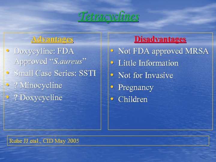 Tetracyclines • • Advantages Doxycyline: FDA Approved “S. aureus” Small Case Series: SSTI ?