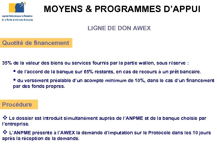 MOYENS & PROGRAMMES D’APPUI LIGNE DE DON AWEX Quotité de financement 35% de la