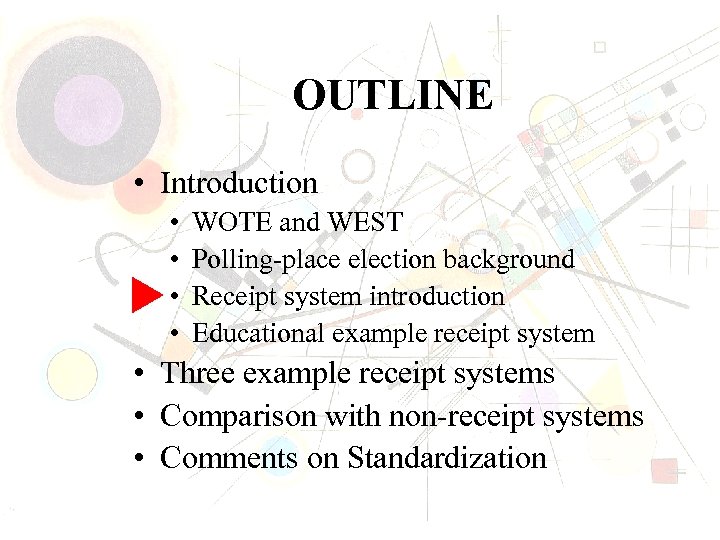OUTLINE • Introduction • • WOTE and WEST Polling-place election background Receipt system introduction