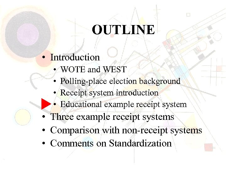 OUTLINE • Introduction • • WOTE and WEST Polling-place election background Receipt system introduction