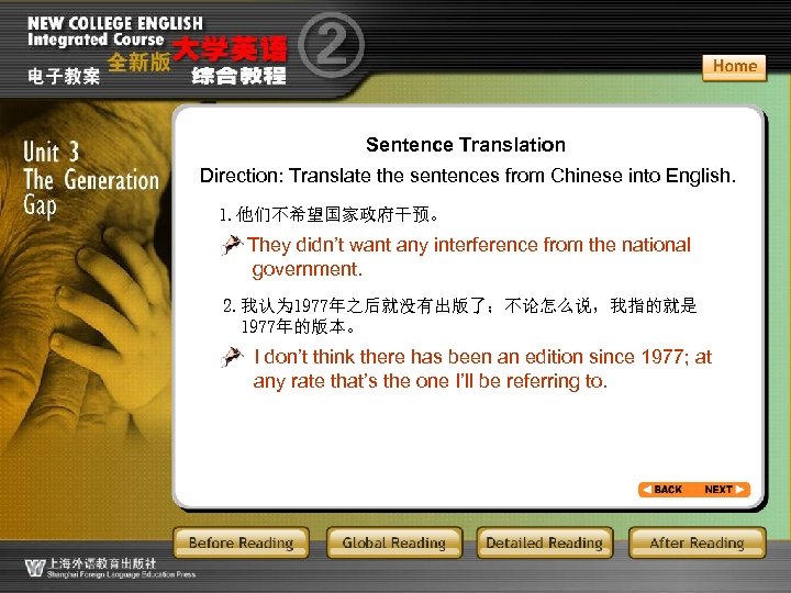 Sentence Translation Direction: Translate the sentences from Chinese into English. 1. 他们不希望国家政府干预。 They didn’t