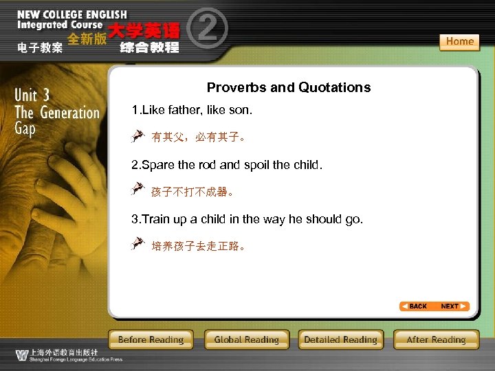 Proverbs and Quotations 1. Like father, like son. 有其父，必有其子。 2. Spare the rod and