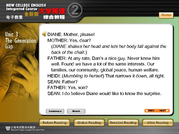 DIANE: Mother, please! MOTHER: Yes, dear? (DIANE shakes her head and lets her body