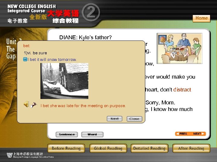 DIANE: Kyle’s father? MOTHER: Don’t interrupt, dear, your bet: father is trying to tell