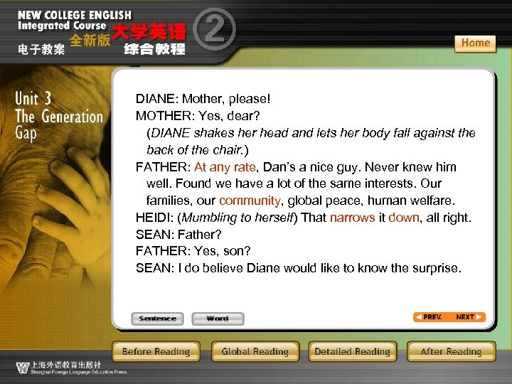 DIANE: Mother, please! MOTHER: Yes, dear? (DIANE shakes her head and lets her body