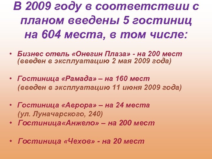 В 2009 году в соответствии с планом введены 5 гостиниц на 604 места, в