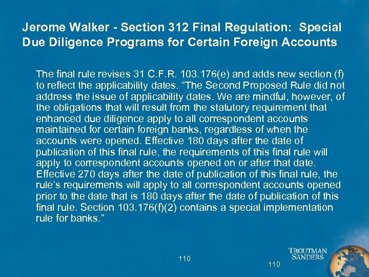 Jerome Walker - Section 312 Final Regulation: Special Due Diligence Programs for Certain Foreign