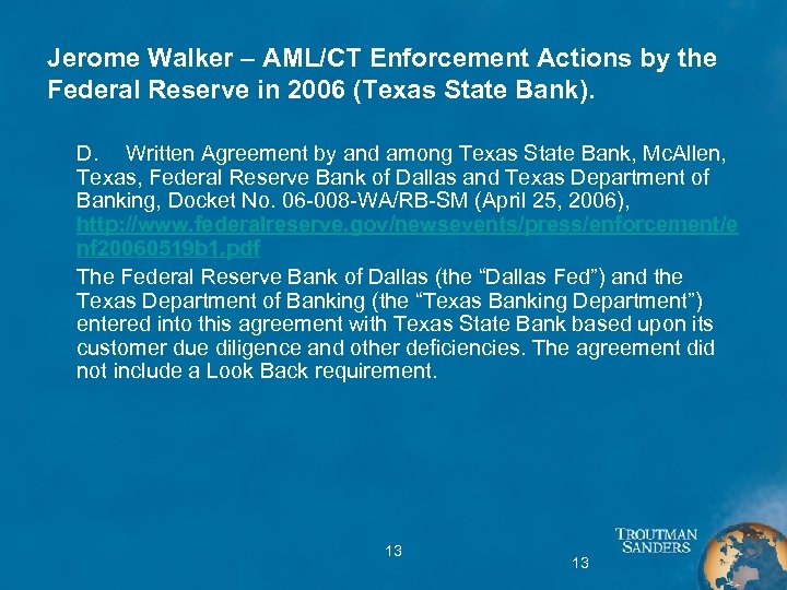 Jerome Walker – AML/CT Enforcement Actions by the Federal Reserve in 2006 (Texas State