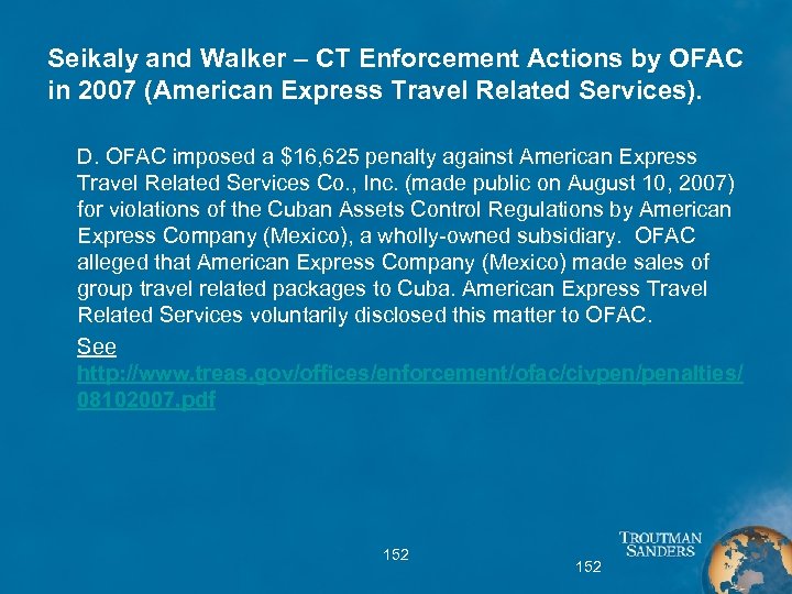 Seikaly and Walker – CT Enforcement Actions by OFAC in 2007 (American Express Travel