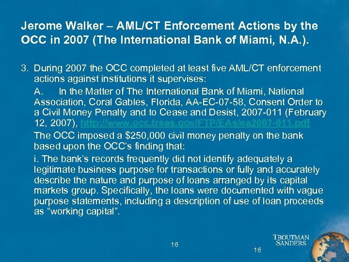 Jerome Walker – AML/CT Enforcement Actions by the OCC in 2007 (The International Bank
