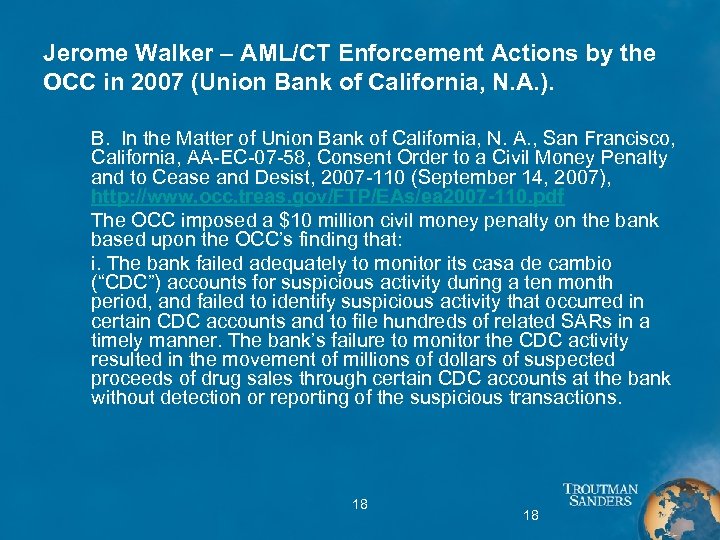 Jerome Walker – AML/CT Enforcement Actions by the OCC in 2007 (Union Bank of