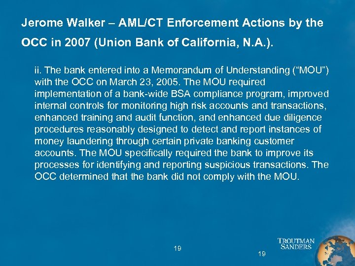 Jerome Walker – AML/CT Enforcement Actions by the OCC in 2007 (Union Bank of