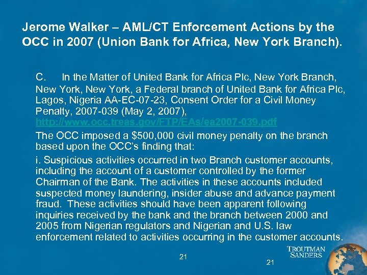 Jerome Walker – AML/CT Enforcement Actions by the OCC in 2007 (Union Bank for