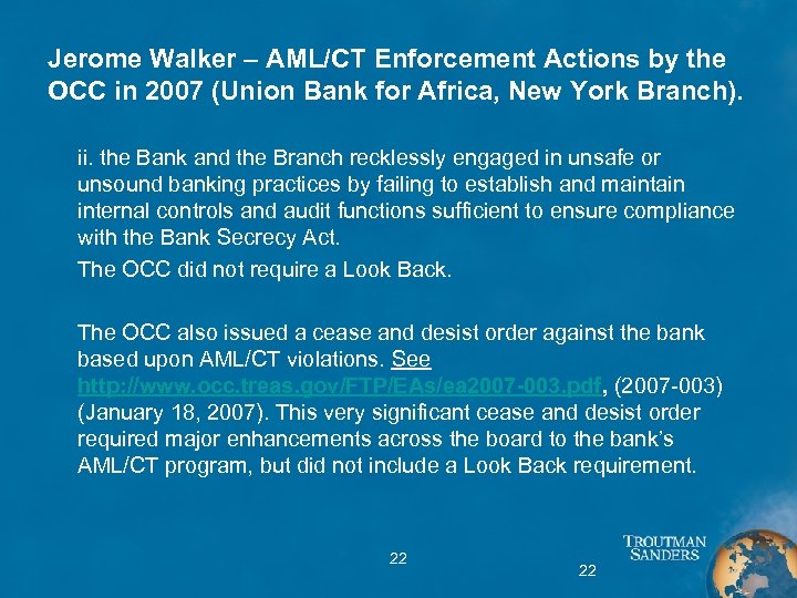 Jerome Walker – AML/CT Enforcement Actions by the OCC in 2007 (Union Bank for