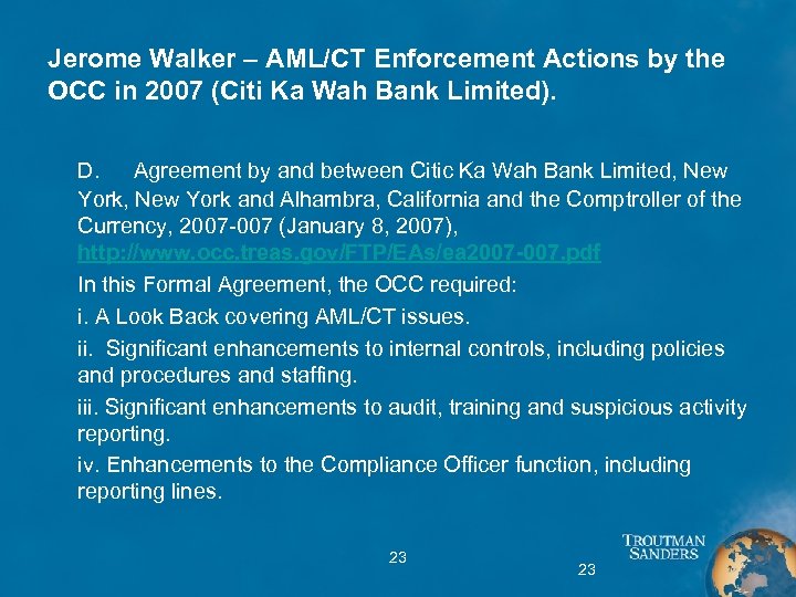 Jerome Walker – AML/CT Enforcement Actions by the OCC in 2007 (Citi Ka Wah