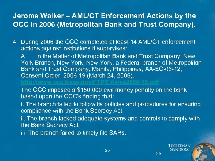 Jerome Walker – AML/CT Enforcement Actions by the OCC in 2006 (Metropolitan Bank and