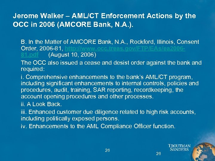 Jerome Walker – AML/CT Enforcement Actions by the OCC in 2006 (AMCORE Bank, N.