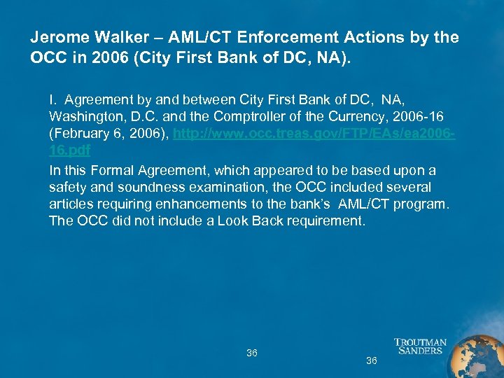 Jerome Walker – AML/CT Enforcement Actions by the OCC in 2006 (City First Bank
