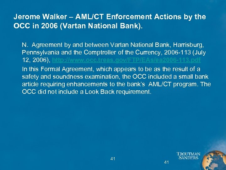 Jerome Walker – AML/CT Enforcement Actions by the OCC in 2006 (Vartan National Bank).