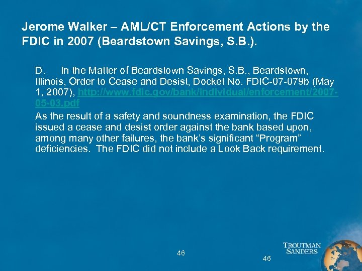 Jerome Walker – AML/CT Enforcement Actions by the FDIC in 2007 (Beardstown Savings, S.