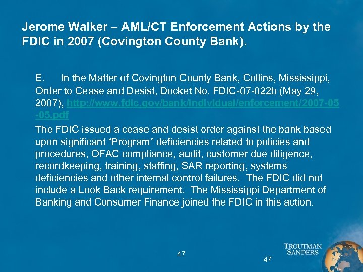 Jerome Walker – AML/CT Enforcement Actions by the FDIC in 2007 (Covington County Bank).