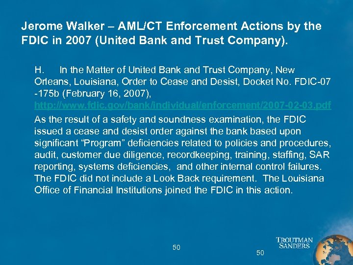 Jerome Walker – AML/CT Enforcement Actions by the FDIC in 2007 (United Bank and