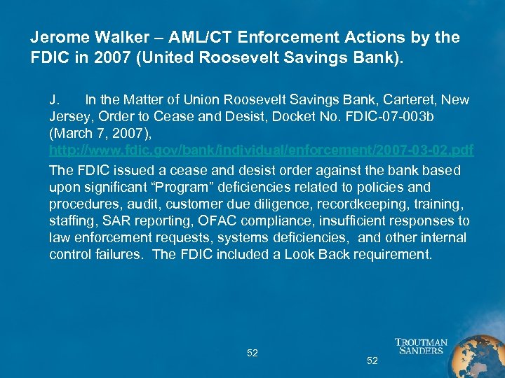 Jerome Walker – AML/CT Enforcement Actions by the FDIC in 2007 (United Roosevelt Savings
