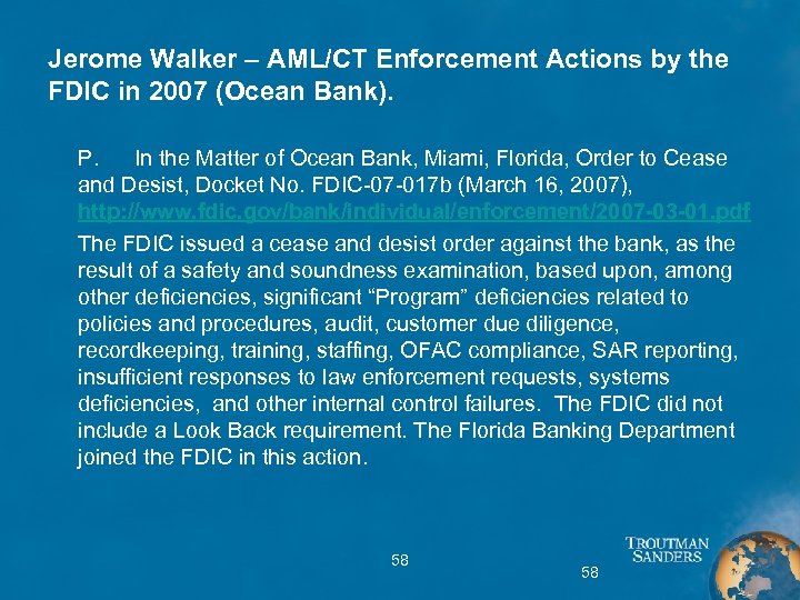 Jerome Walker – AML/CT Enforcement Actions by the FDIC in 2007 (Ocean Bank). P.