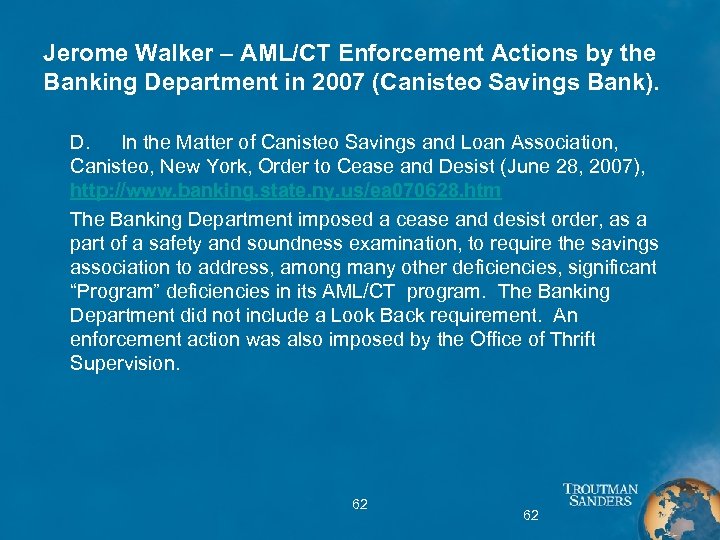 Jerome Walker – AML/CT Enforcement Actions by the Banking Department in 2007 (Canisteo Savings