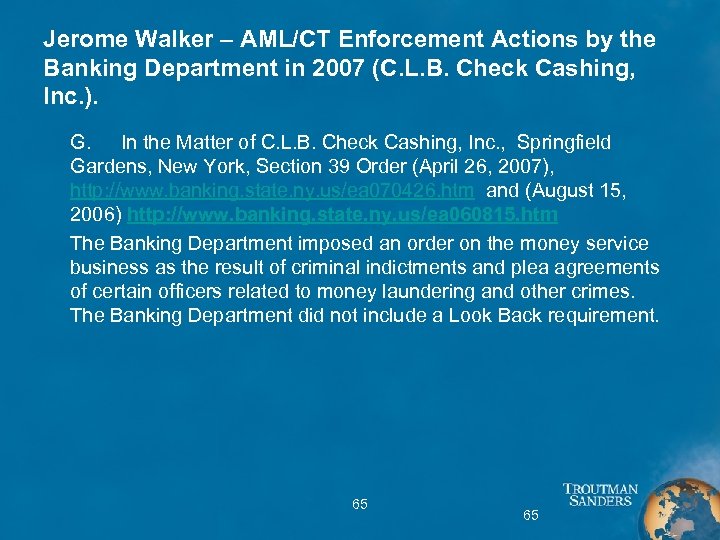 Jerome Walker – AML/CT Enforcement Actions by the Banking Department in 2007 (C. L.