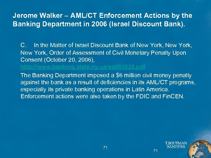 Jerome Walker – AML/CT Enforcement Actions by the Banking Department in 2006 (Israel Discount