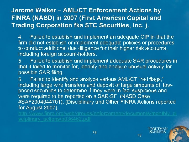 Jerome Walker – AML/CT Enforcement Actions by FINRA (NASD) in 2007 (First American Capital