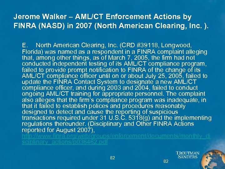 Jerome Walker – AML/CT Enforcement Actions by FINRA (NASD) in 2007 (North American Clearing,