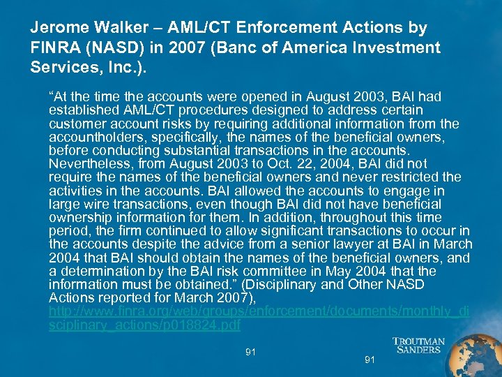 Jerome Walker – AML/CT Enforcement Actions by FINRA (NASD) in 2007 (Banc of America