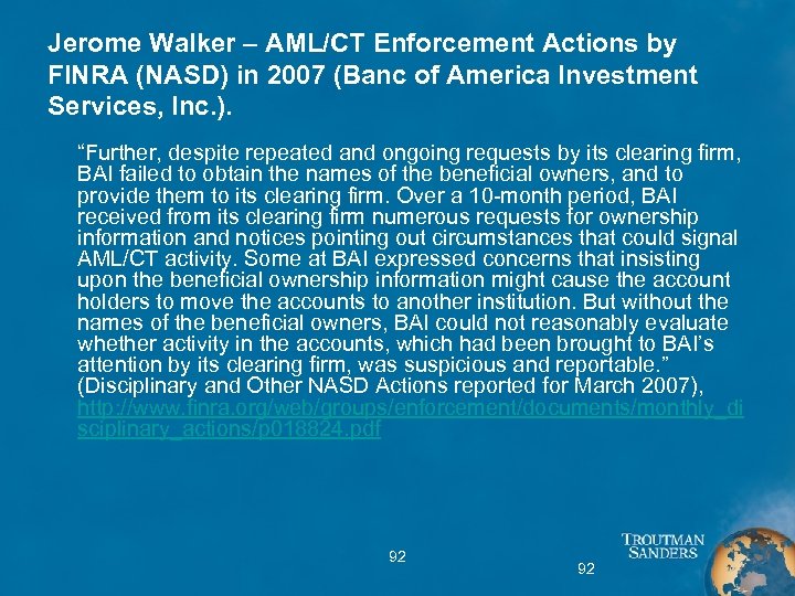 Jerome Walker – AML/CT Enforcement Actions by FINRA (NASD) in 2007 (Banc of America