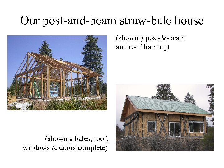Our post-and-beam straw-bale house (showing post-&-beam and roof framing) (showing bales, roof, windows &