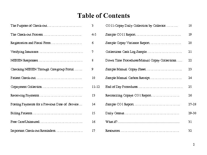 Table of Contents The Purpose of Check-out…………… 3 CO 11 -Copay Daily Collection by