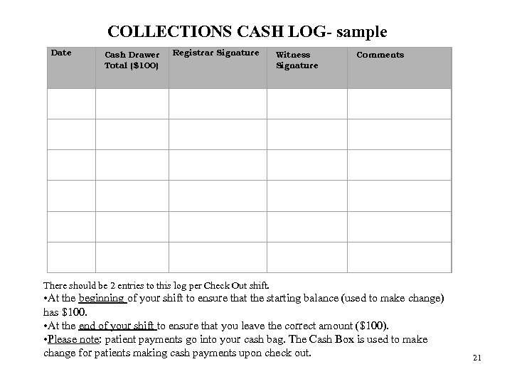 Date COLLECTIONS CASH LOG- sample Registrar Signature Cash Drawer Witness Comments Total ($100) Signature