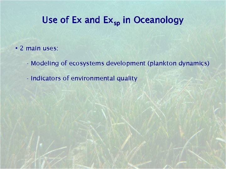 Use of Ex and Exsp in Oceanology • 2 main uses: - Modeling of