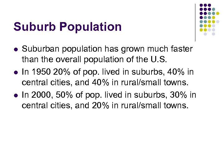 Suburb Population l l l Suburban population has grown much faster than the overall