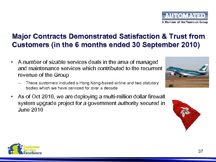 Major Contracts Demonstrated Satisfaction & Trust from Customers (in the 6 months ended 30