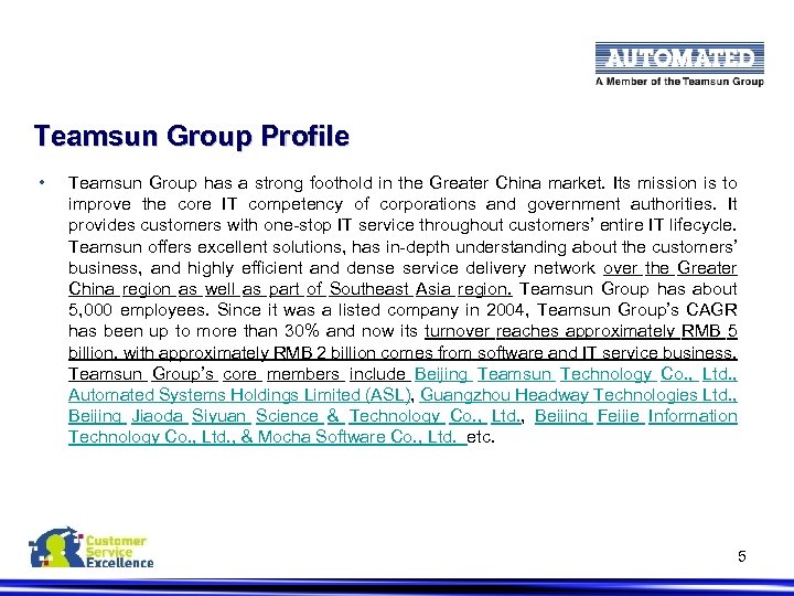 Teamsun Group Profile • Teamsun Group has a strong foothold in the Greater China