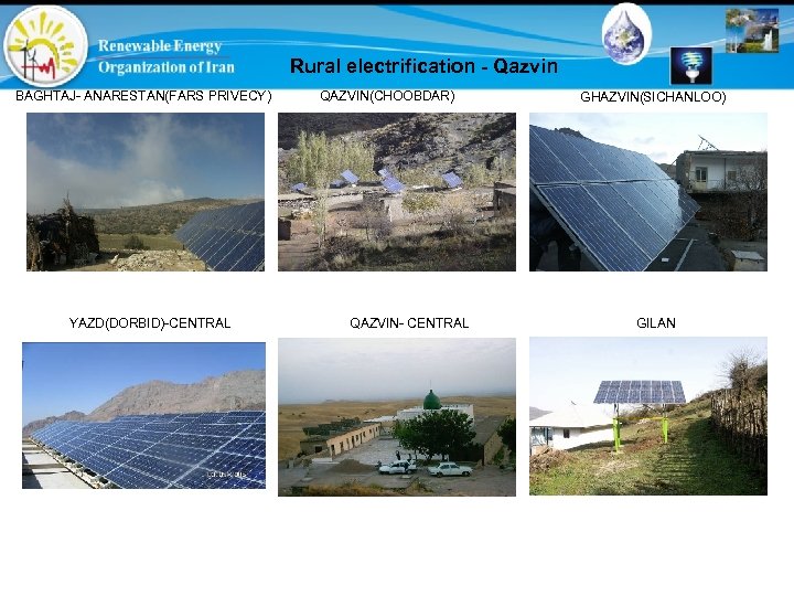 Rural electrification - Qazvin BAGHTAJ- ANARESTAN(FARS PRIVECY) YAZD(DORBID)-CENTRAL QAZVIN(CHOOBDAR) QAZVIN- CENTRAL GHAZVIN(SICHANLOO) GILAN 