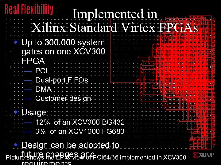 Implemented in Xilinx Standard Virtex FPGAs w Up to 300, 000 system gates on