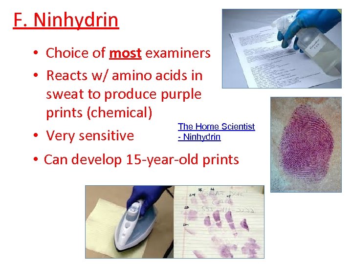 F. Ninhydrin • Choice of most examiners • Reacts w/ amino acids in sweat