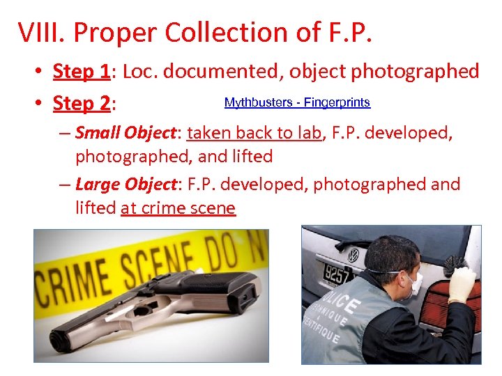 VIII. Proper Collection of F. P. • Step 1: Loc. documented, object photographed Mythbusters