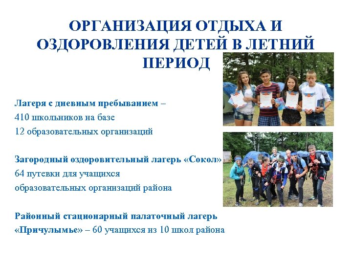 ОРГАНИЗАЦИЯ ОТДЫХА И ОЗДОРОВЛЕНИЯ ДЕТЕЙ В ЛЕТНИЙ ПЕРИОД Лагеря с дневным пребыванием – 410